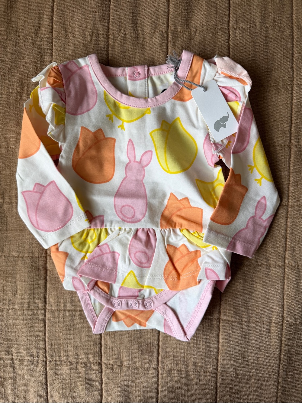 Elephant Tag Pink & Yellow Bunny Floral Long-Sleeve Baby Bodysuit